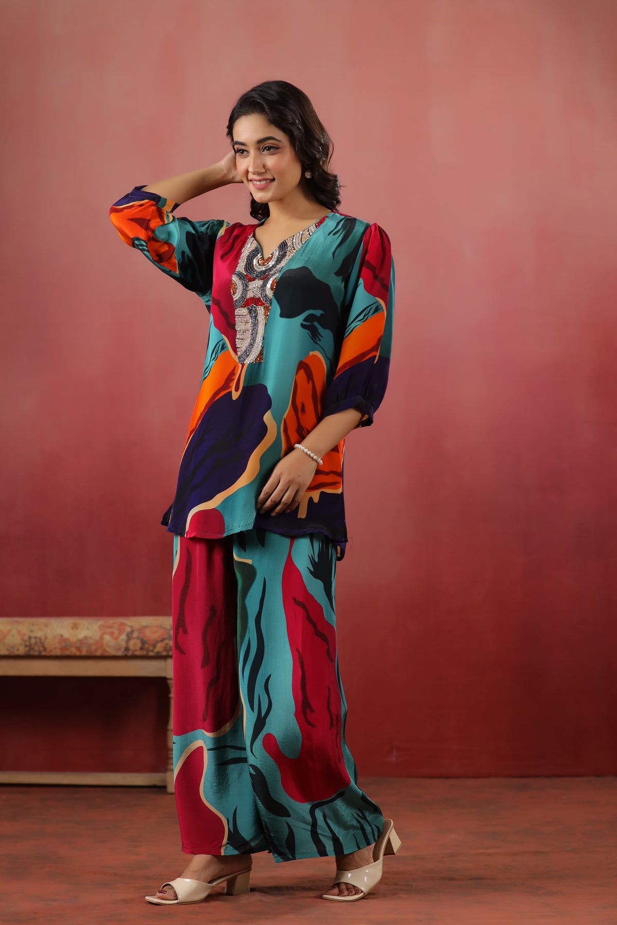 Pure crape with heavy work on neck line digital print smart two piece cordset (S450)