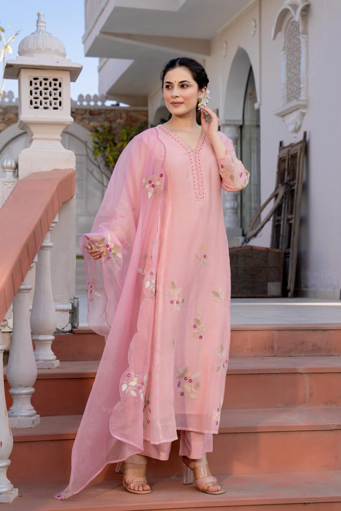 Pink mul chanderi with full thread work three piece set (P2033)