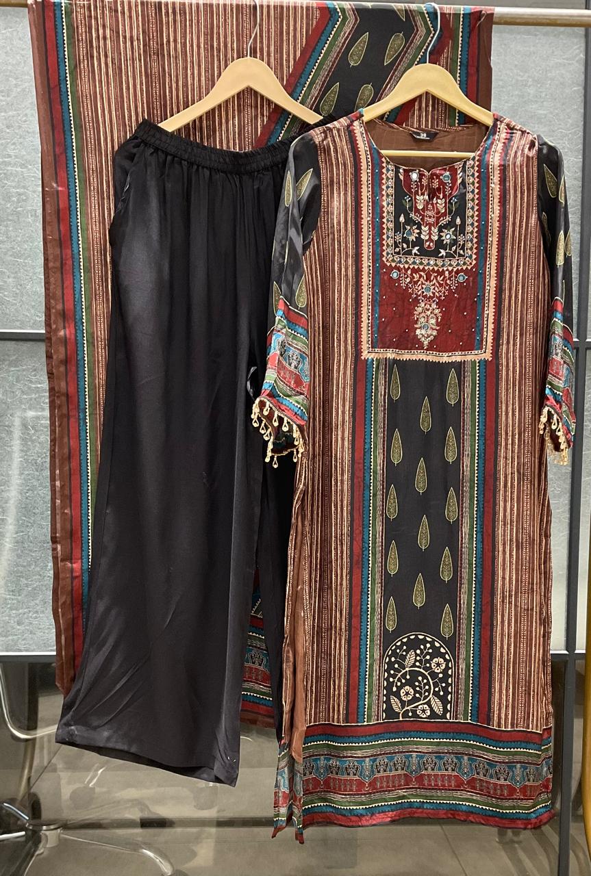 Pure crape Ajrakh print with lining three piece set (C712)