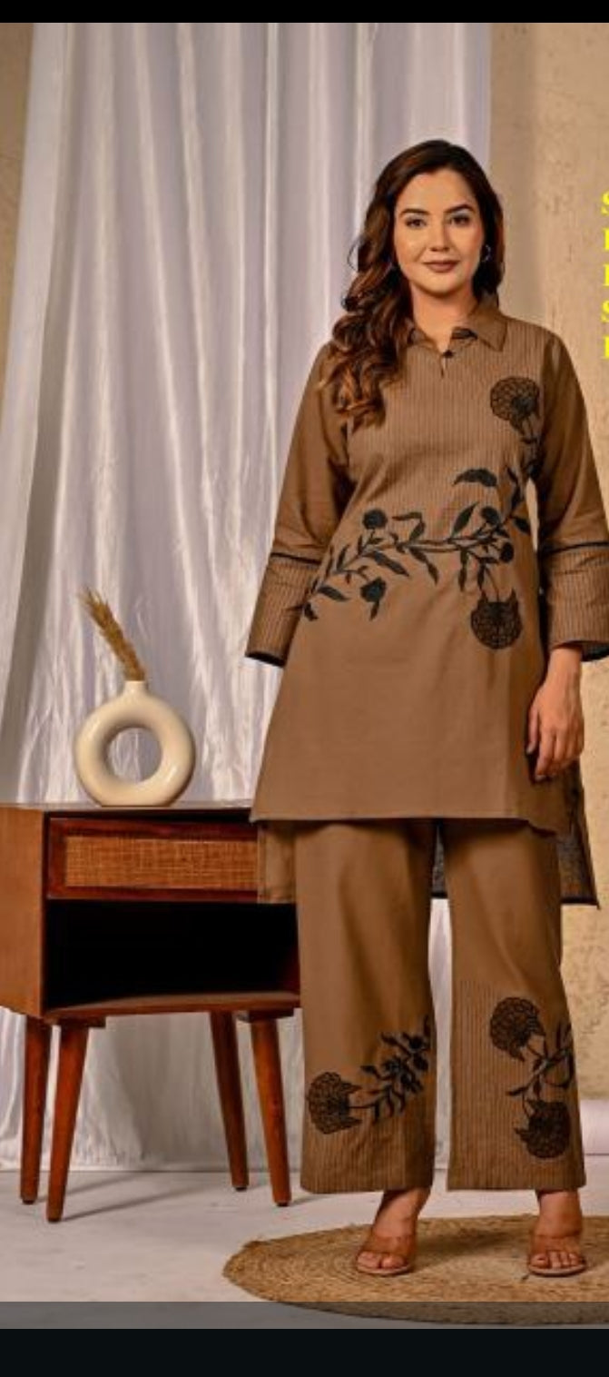 Brown handloom cotton fully thread work two piece cordset (A495)