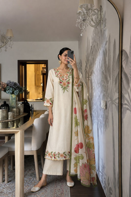 Handloom cotton with thread work three piece set (B753)