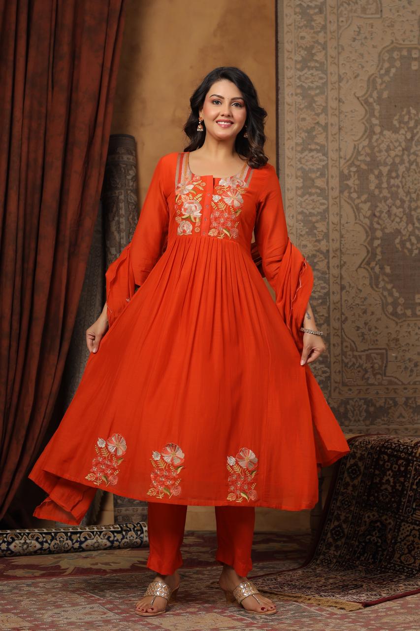 Orange mul chanderi with thread work three piece set (P2013)