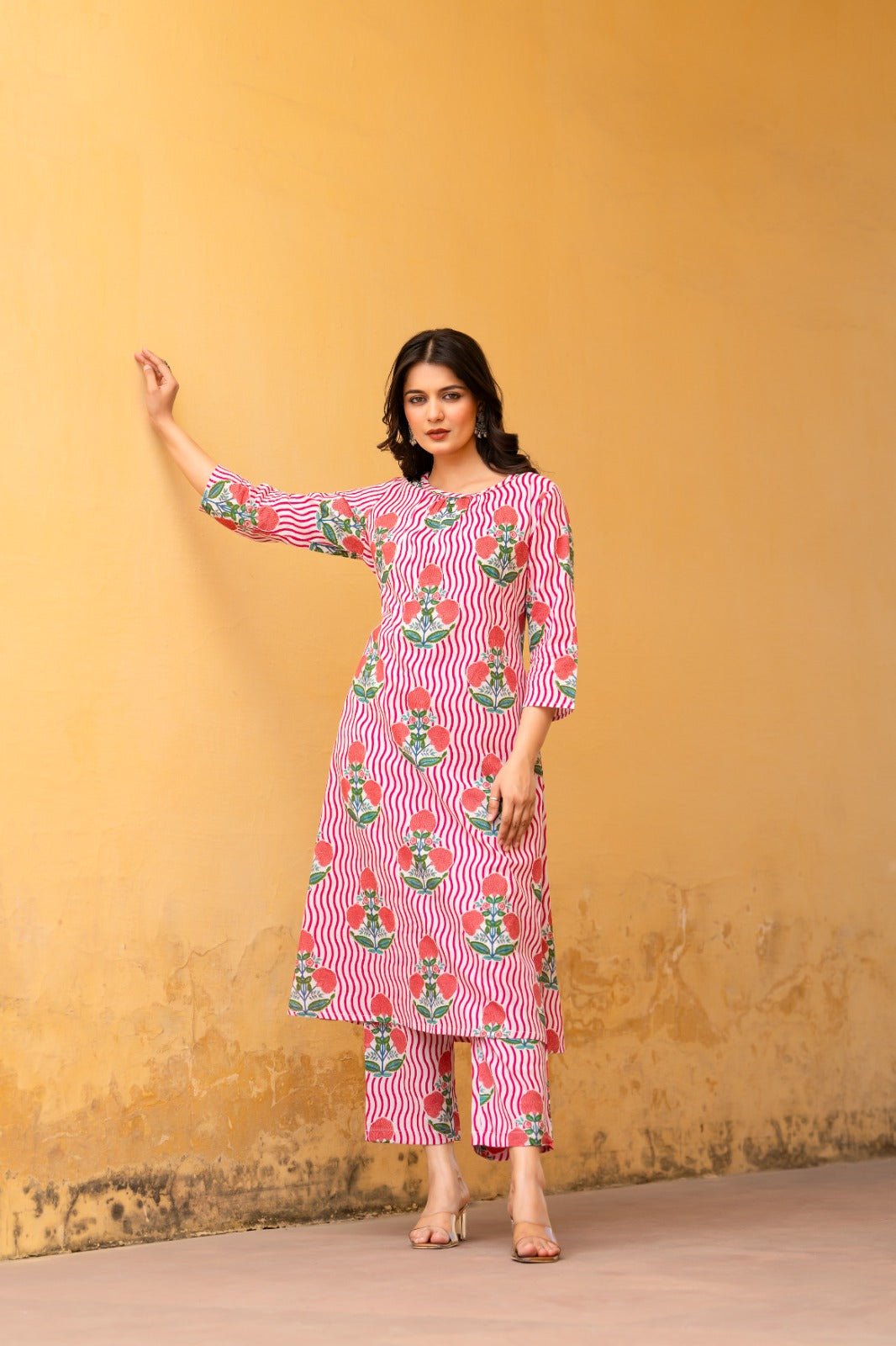 Pink tropical print pure cotton two piece set (P2101)