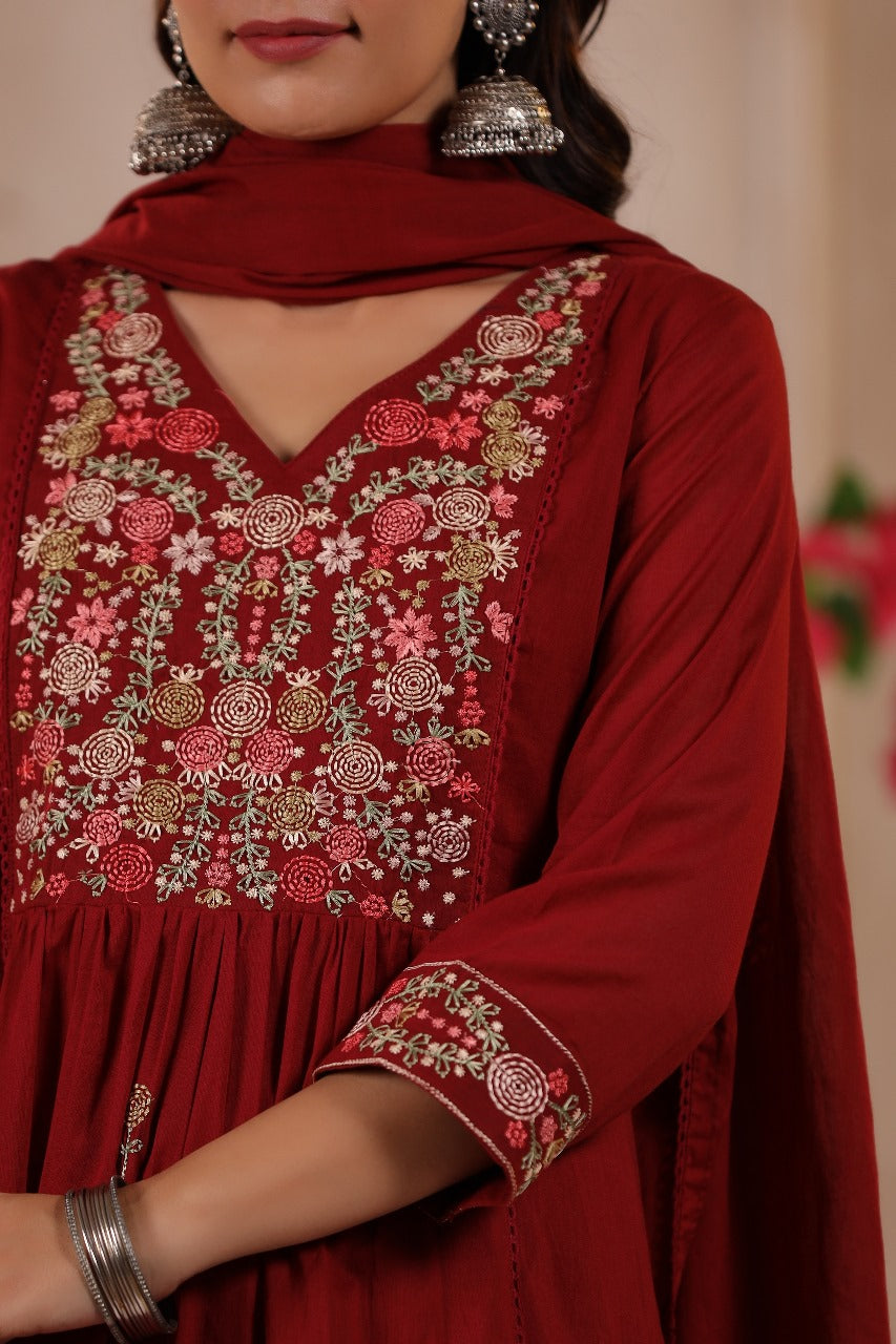 Mahroon mul cotton with lining full thread work three piece set (A433)
