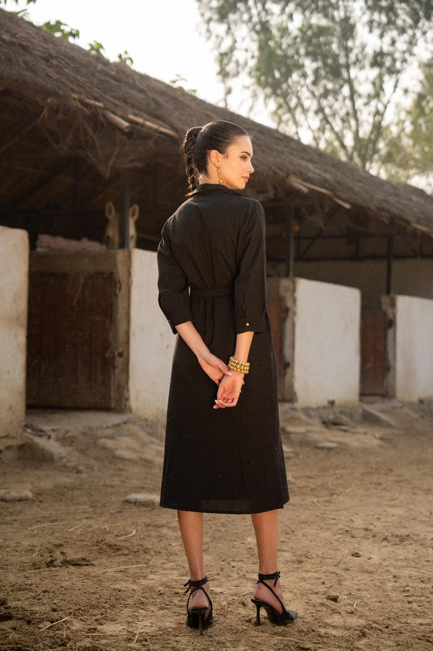 Black pure cotton smart one piece dress (P2100)