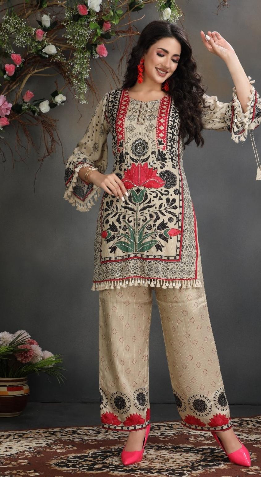 Ivory pure crape silk with mul lining integrated with sequence work two piece cordset (A494)