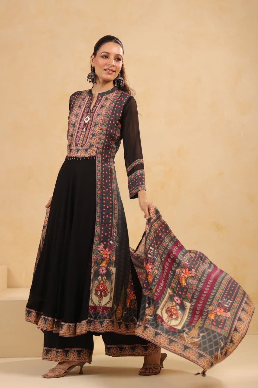 Pure Georgette with silk dupatta three piece set (A424)