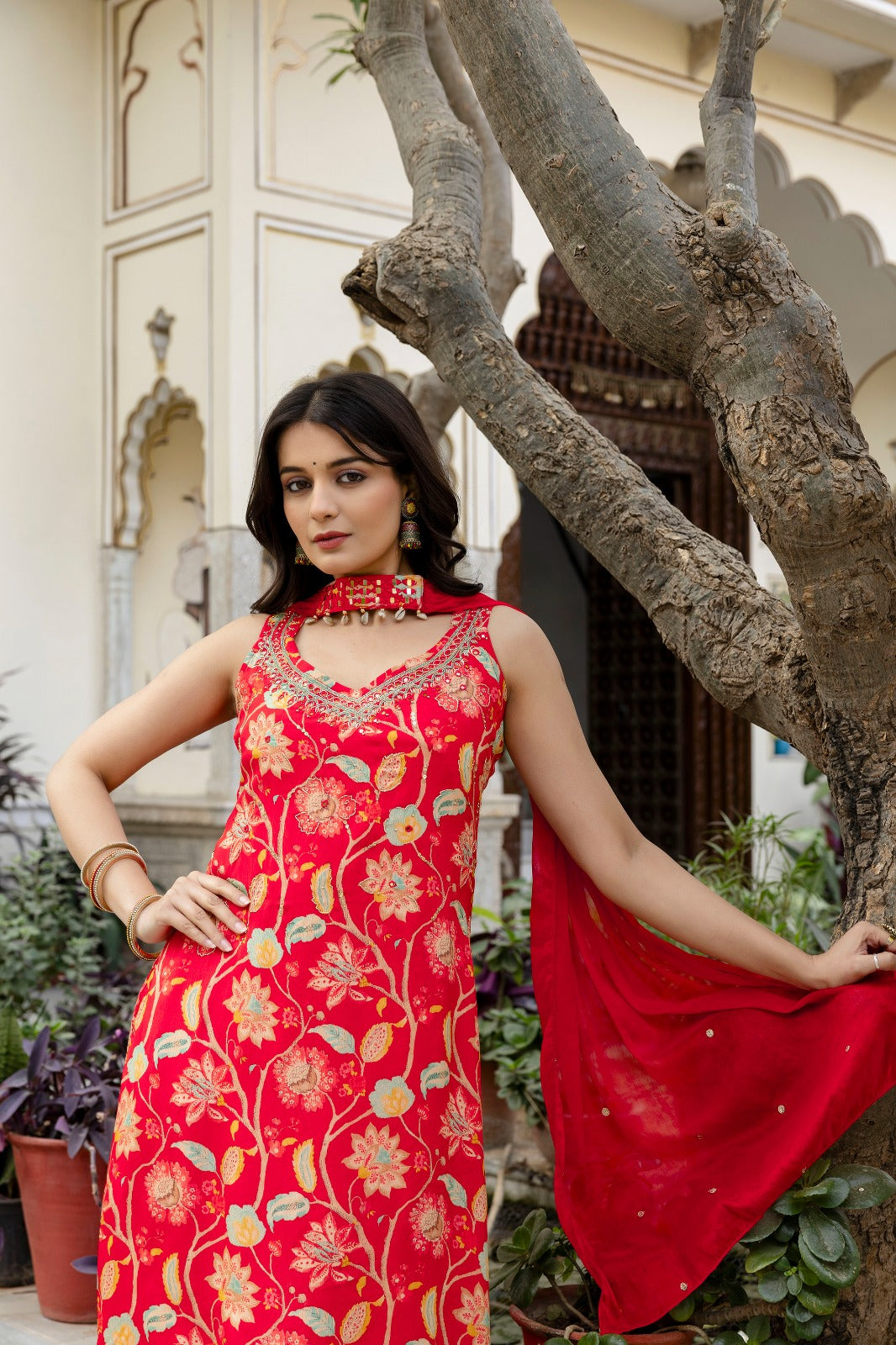 Orange pure chinnon with tulip pant designer three piece set (P1977)