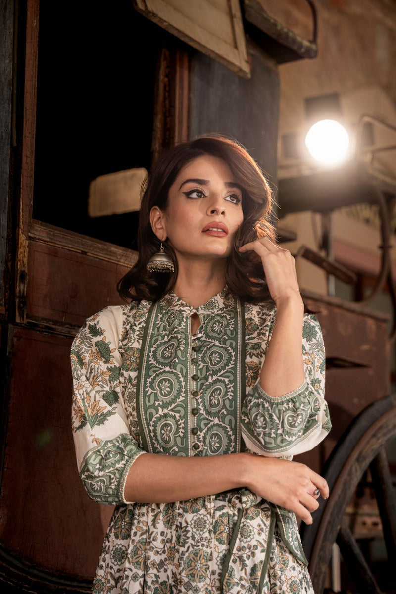 Sea green block print pure cotton with lining one piece dress