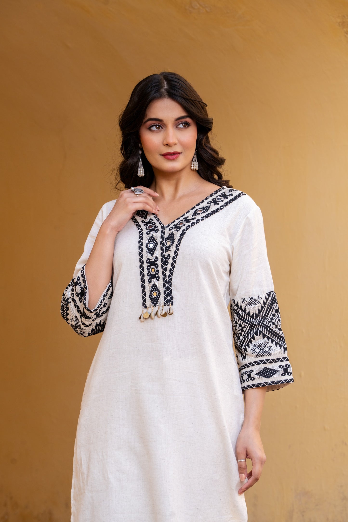 Ivory linen cotton fully thread work designer two piece cordset (P1736)