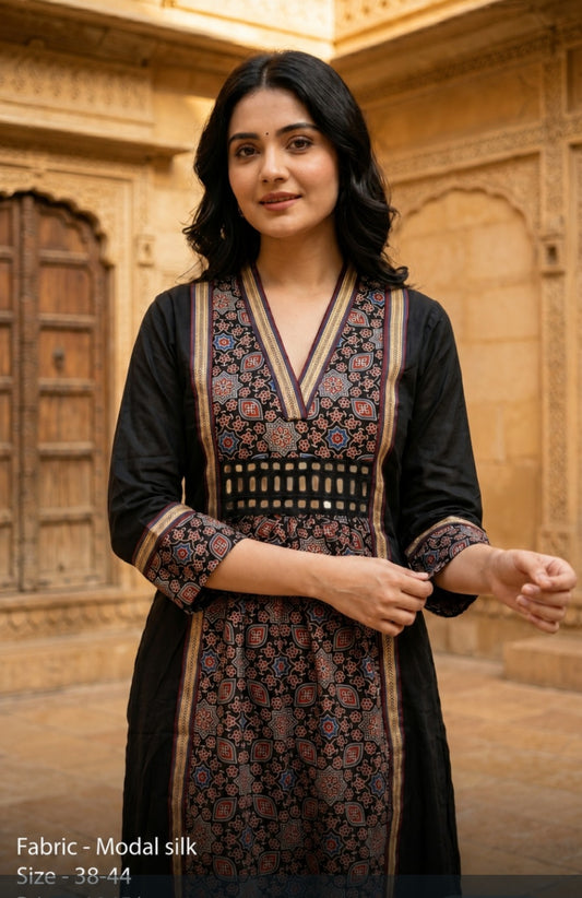 Black pretty soft modal silk ajrakh real mirror dress with pockets (loose fit) (C162)