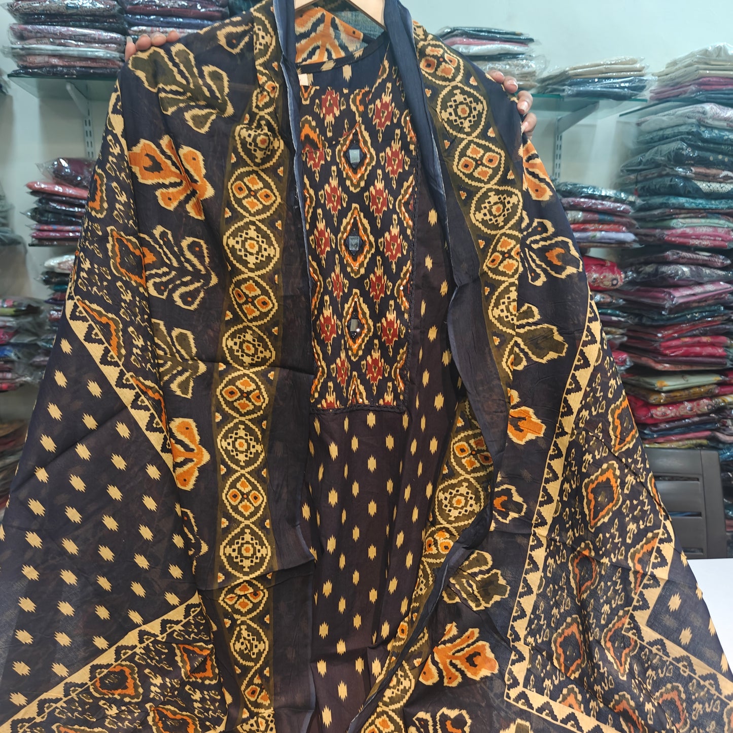 Dark blue real work ikkat print three piece set (P2238)