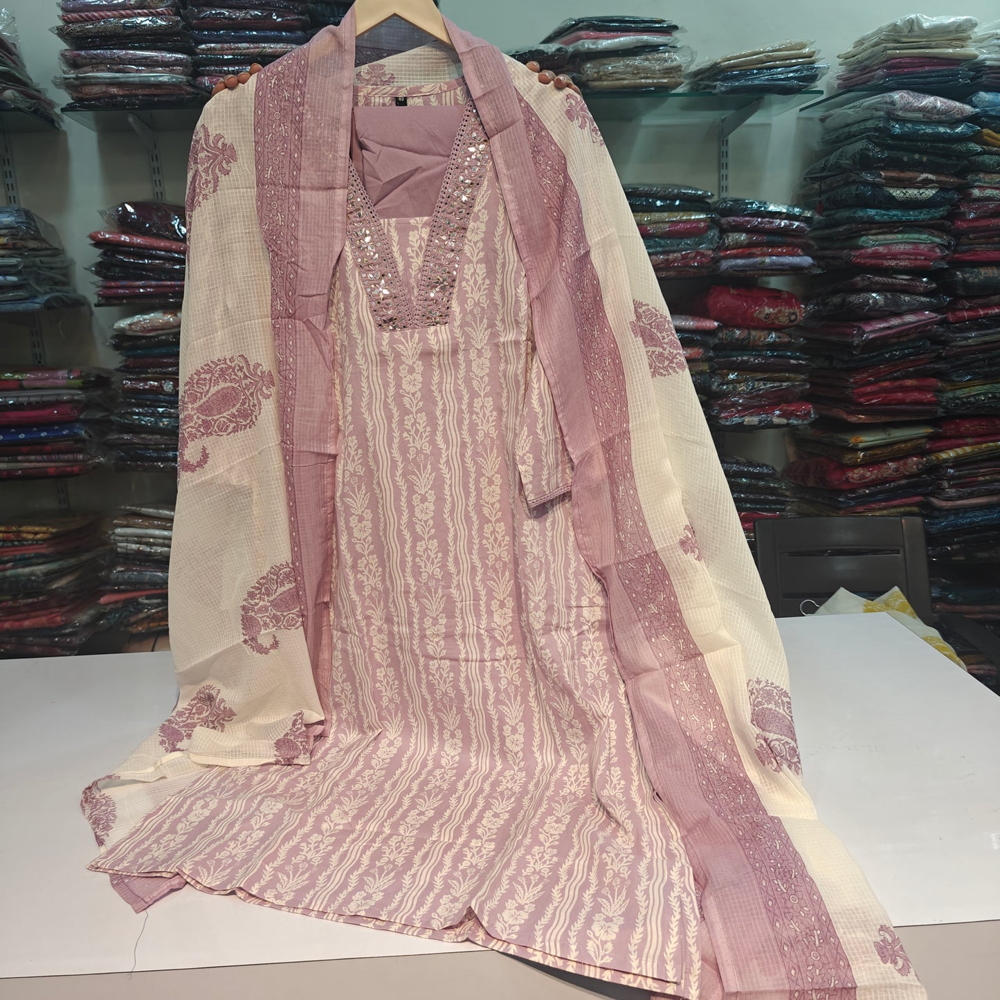Lilac colour pure cotton with kota dupatta three piece set (P2241)