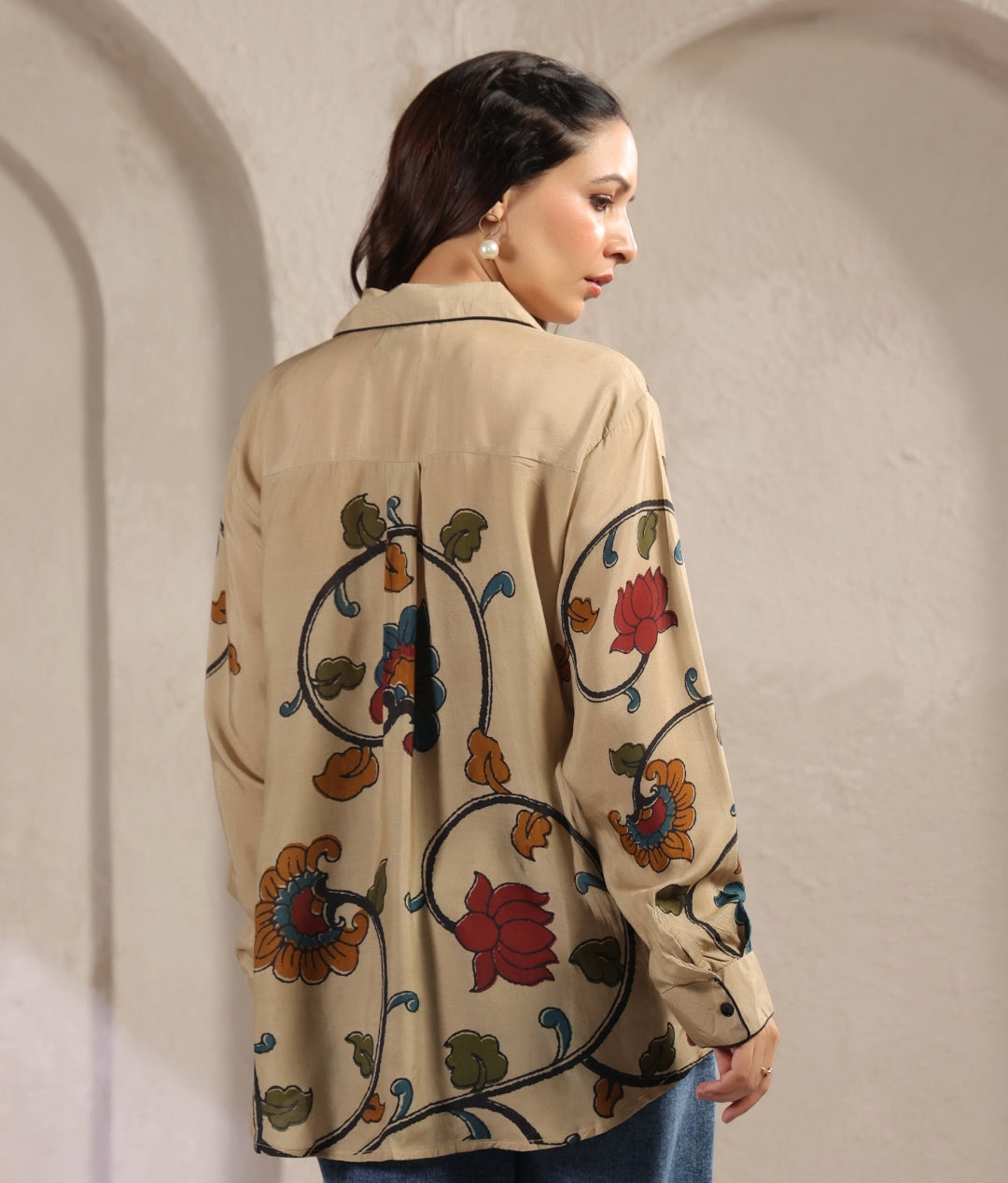 Ivory kalamkari shirt low high pattern (A961)