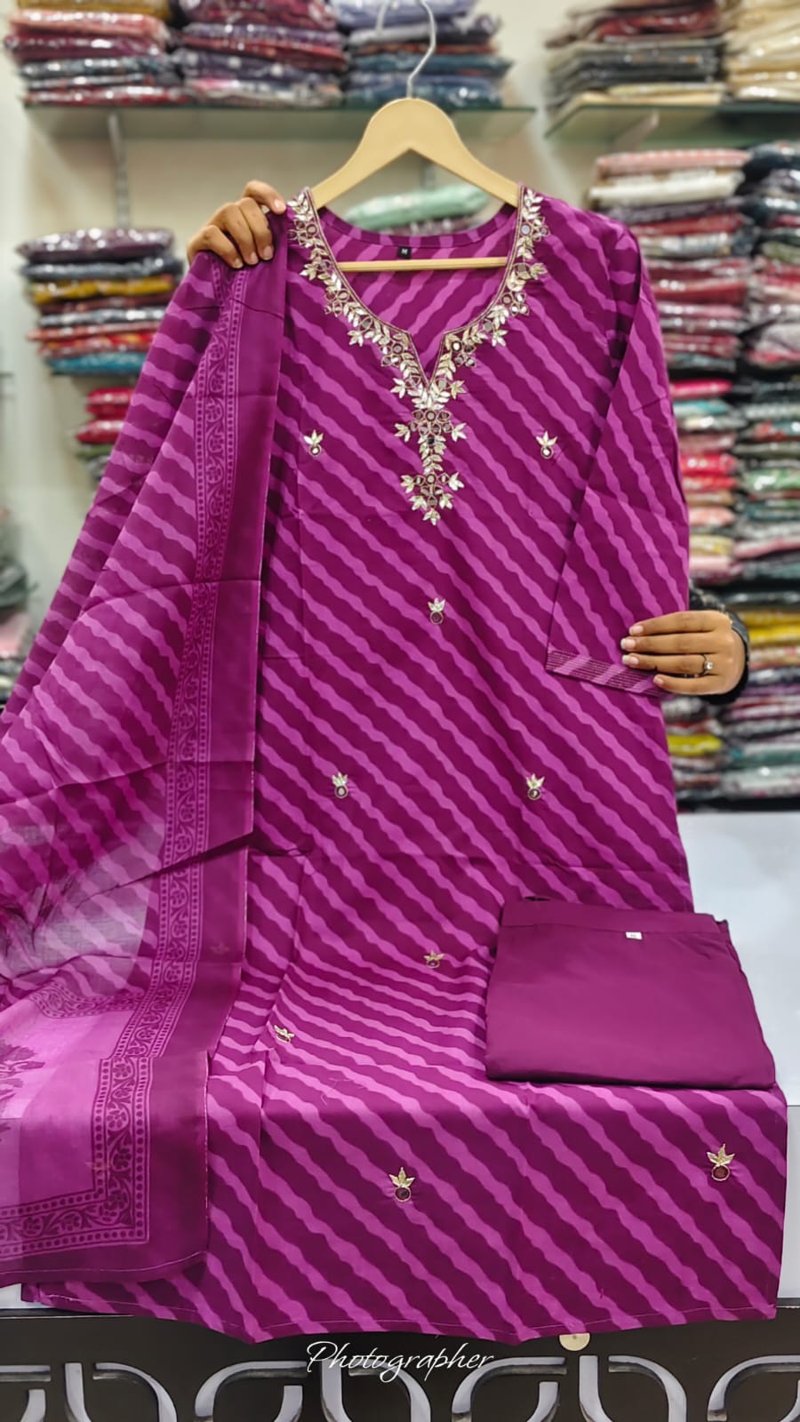 Purple lehriya pure cotton three piece set (C318)