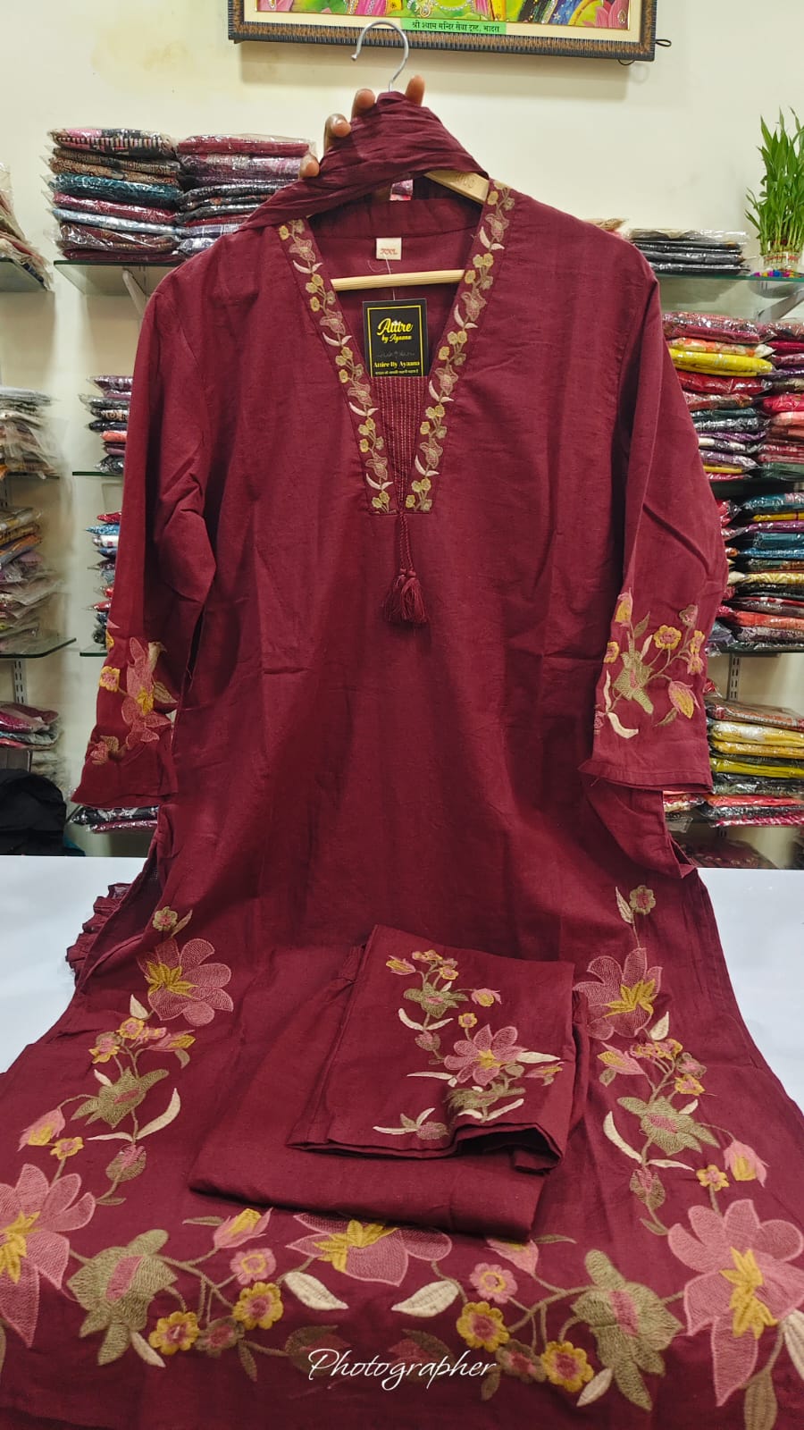 Dark wine pure cotton fully thread work three piece set (A1126)