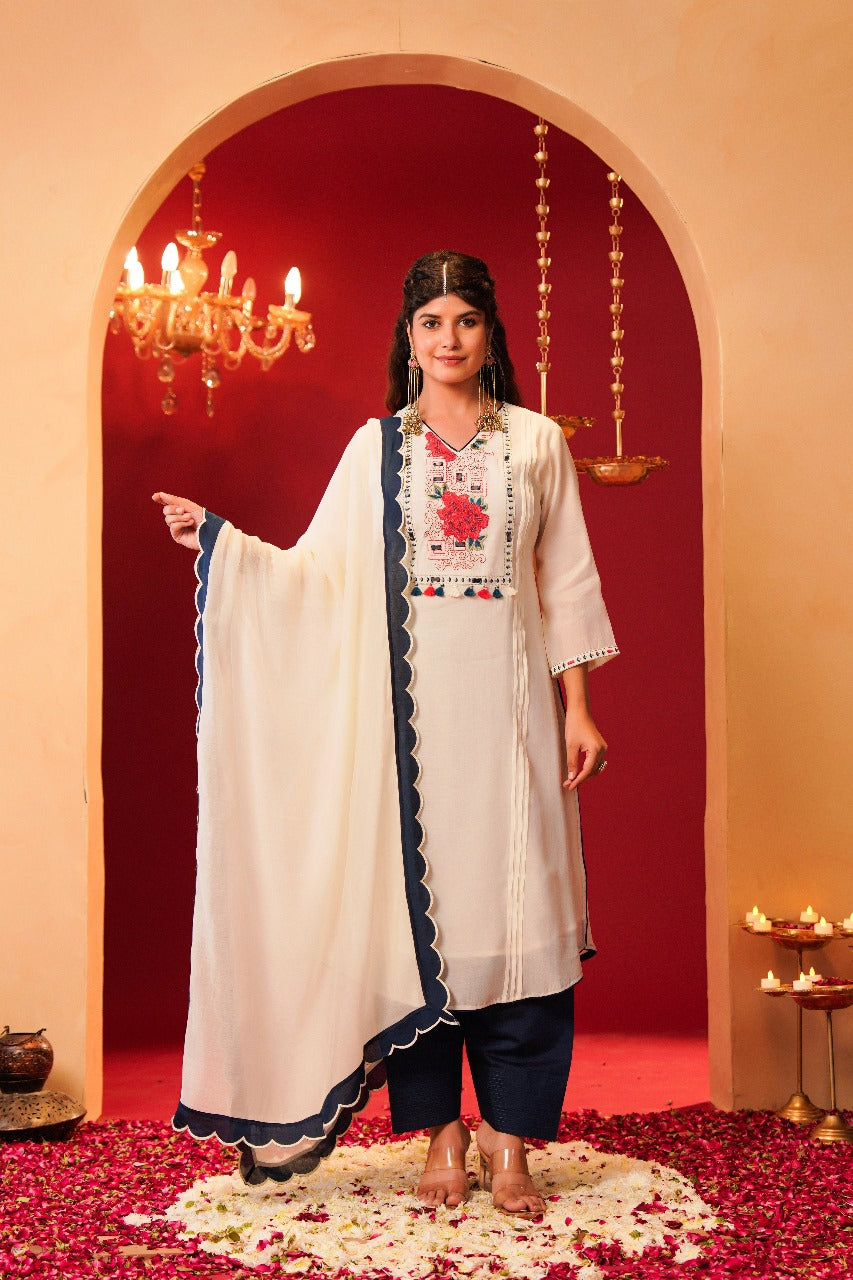 Blue and white pure Muslin with real mirror work and farshi salwar three piece set (A970)