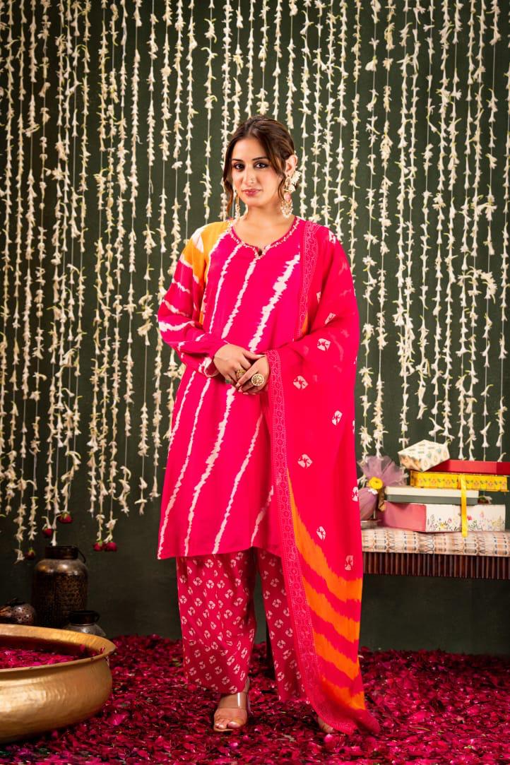 Hot pink lehriya with bandani pure mul silk with farshi salwar three piece set (A601)