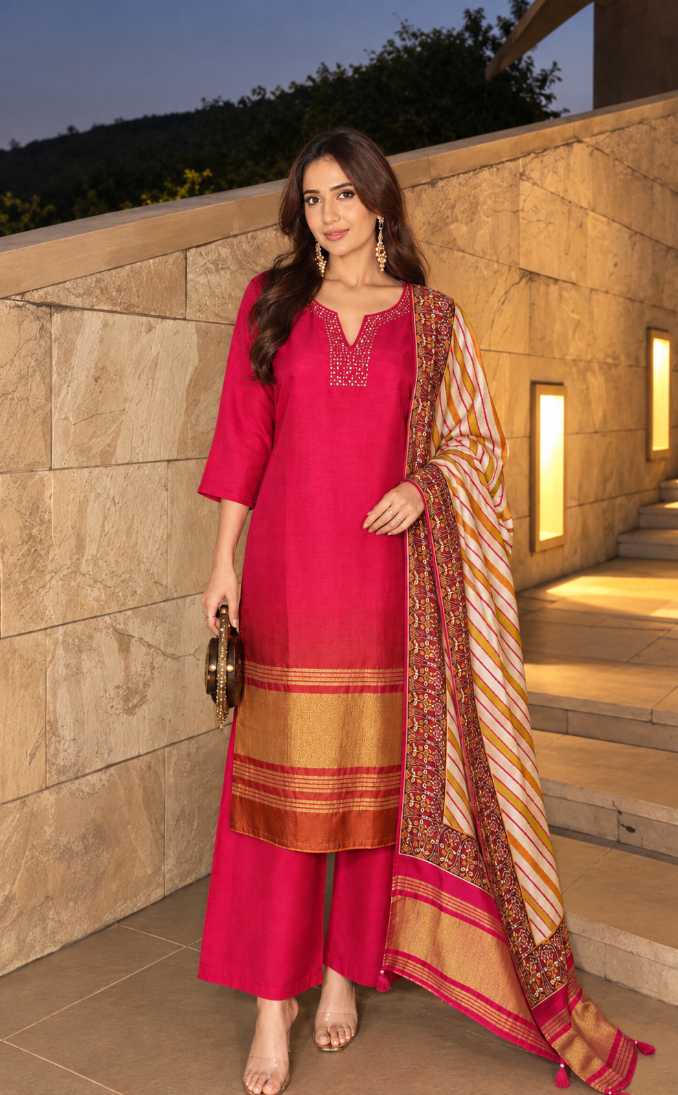 Pure dola silk with lagdi border Lehriya dupatta three piece set (C658)