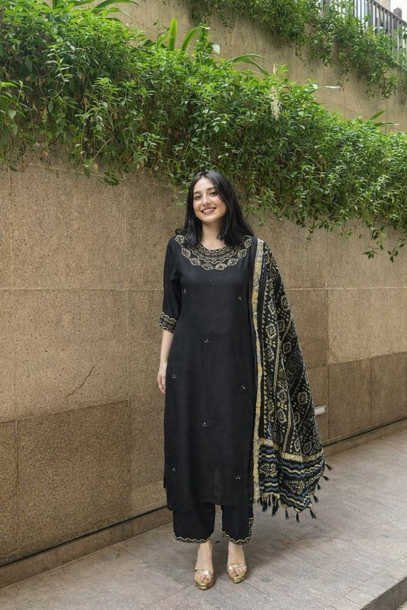 Cotton modal stylish with silk dupatta three piece set (A1647)