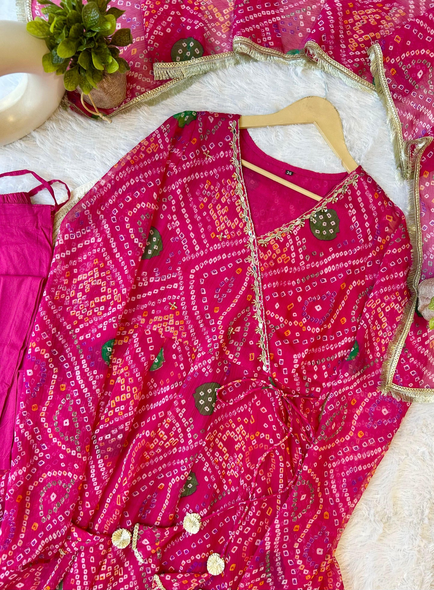 Pink bandani pure chiffon Angrakha pattern three piece set (A1083)