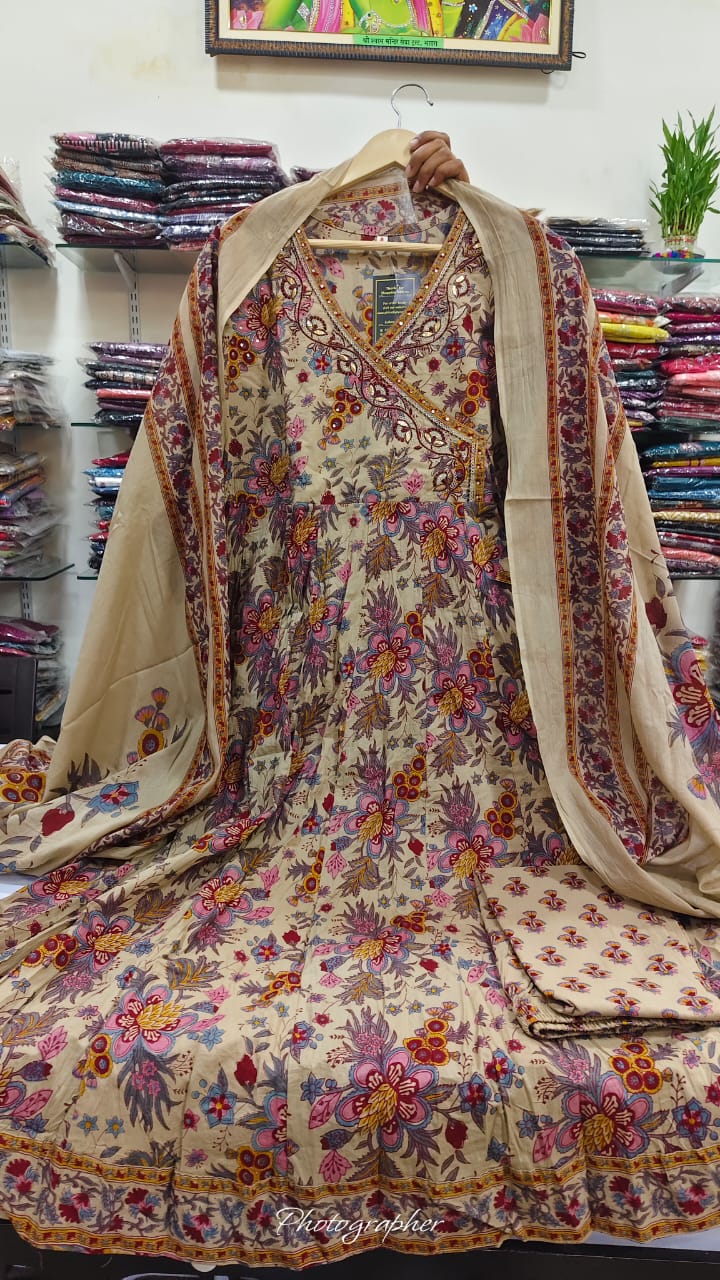 Beidge pure cotton kalamkari Angrakha pattern three piece set (A1118)
