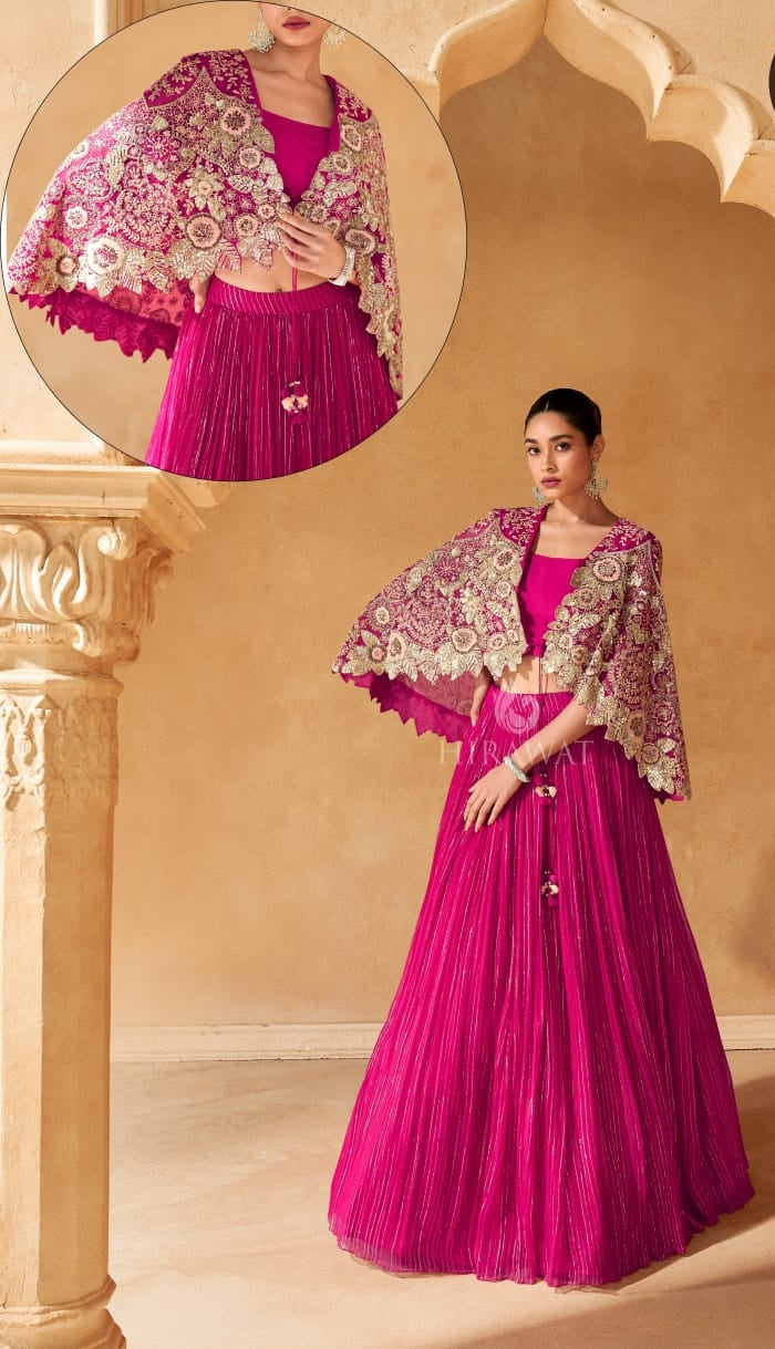Bright pink pure georgette designer indowestern three piece dress (P1337)