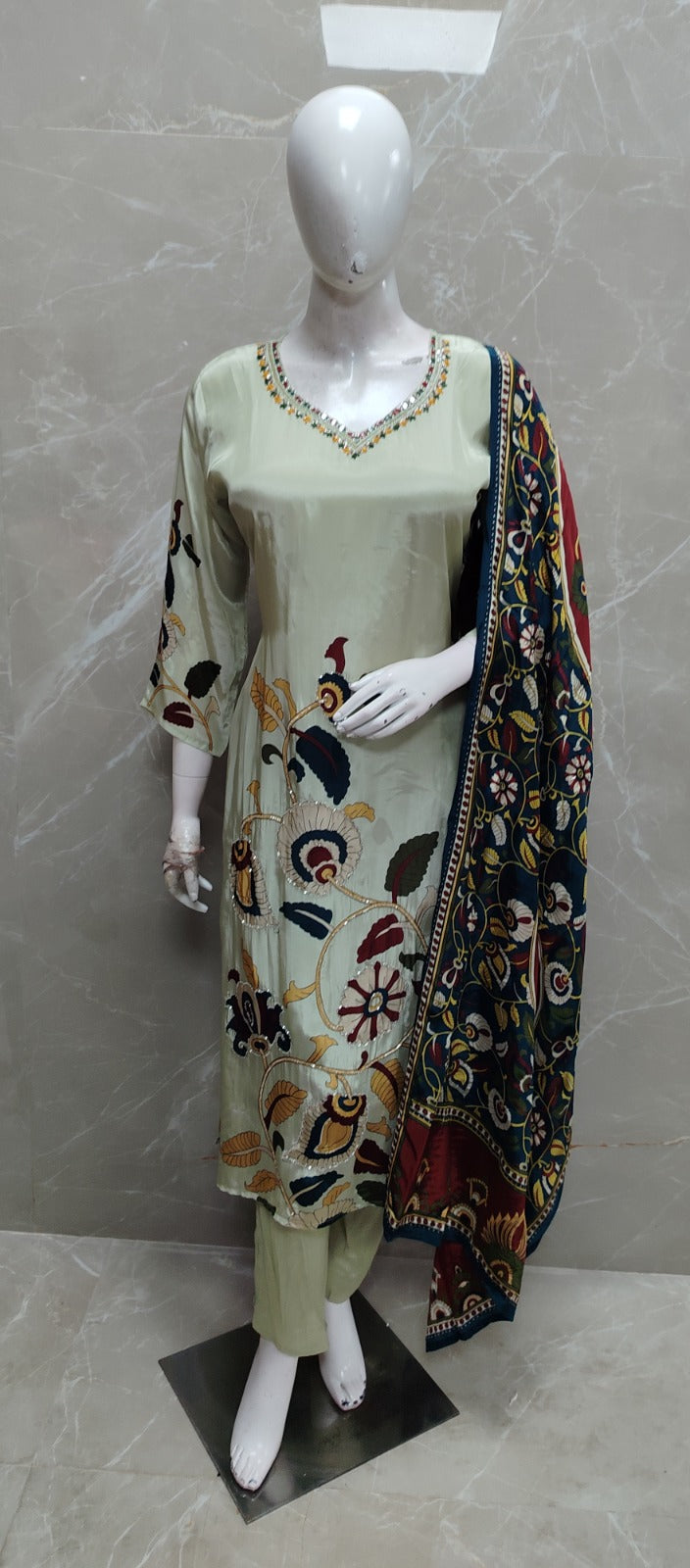 Crape with lining full kalamkari dupatta three piece set (A1884)