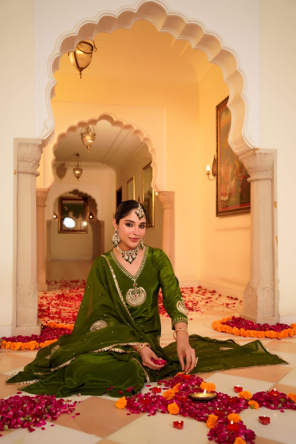 Green pure crape silk with lining designer three piece set (A1089)