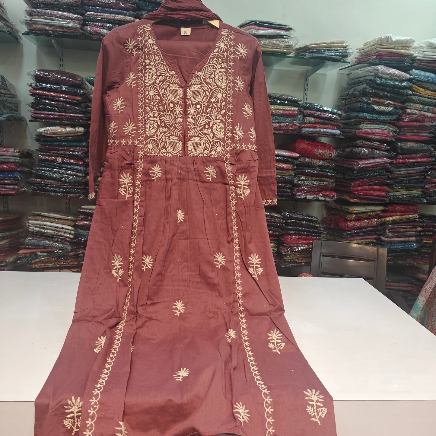 Purple A line with lining fully chikankari three piece set (P2254)