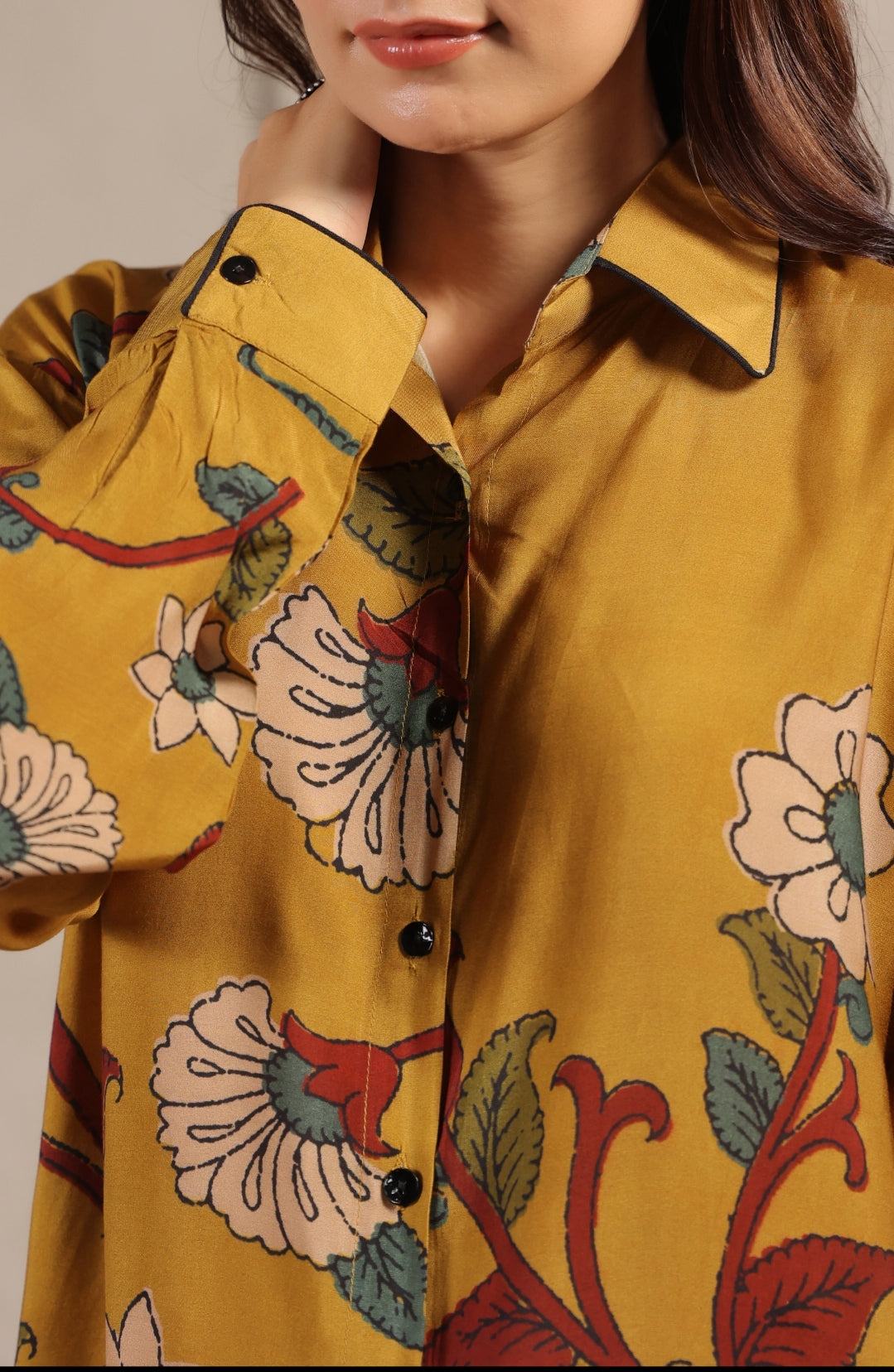 Mustred kalamkari shirt low high pattern (A960)