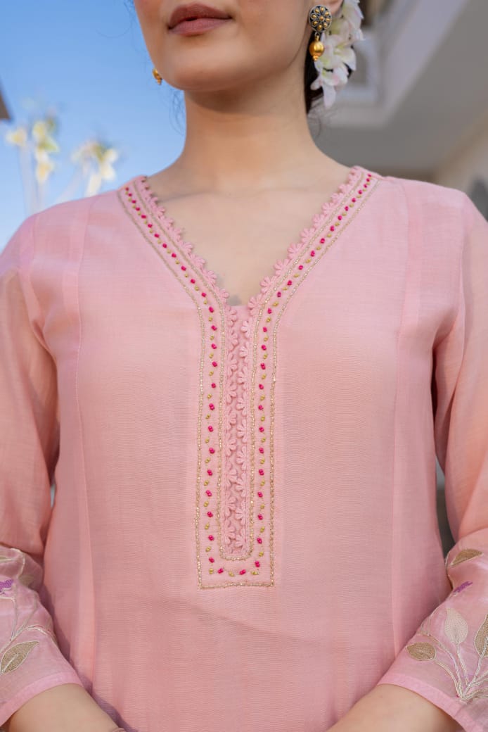 Pink mul chanderi with full thread work three piece set (P2033)
