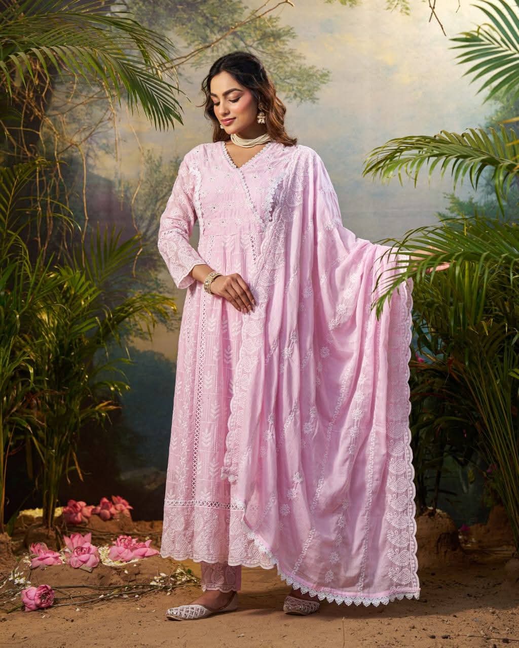 Pink pure cotton fully chikankari anarkali (A842)