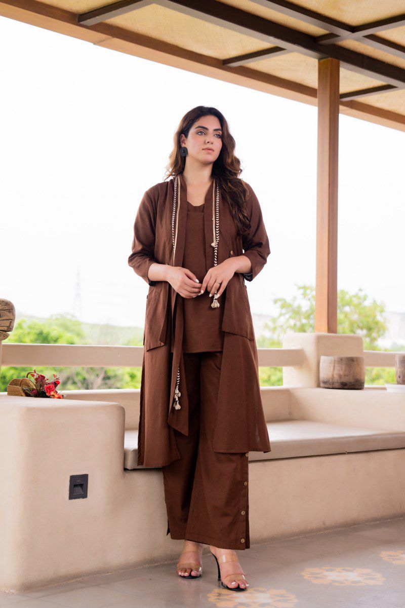 Brown cotton linen smart three piece cordset set (A893)