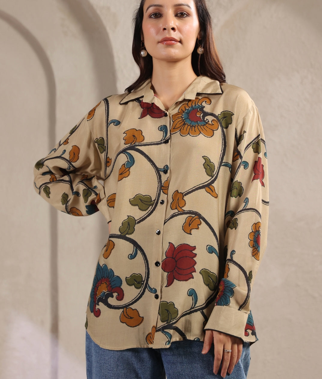 Ivory kalamkari shirt low high pattern (A961)