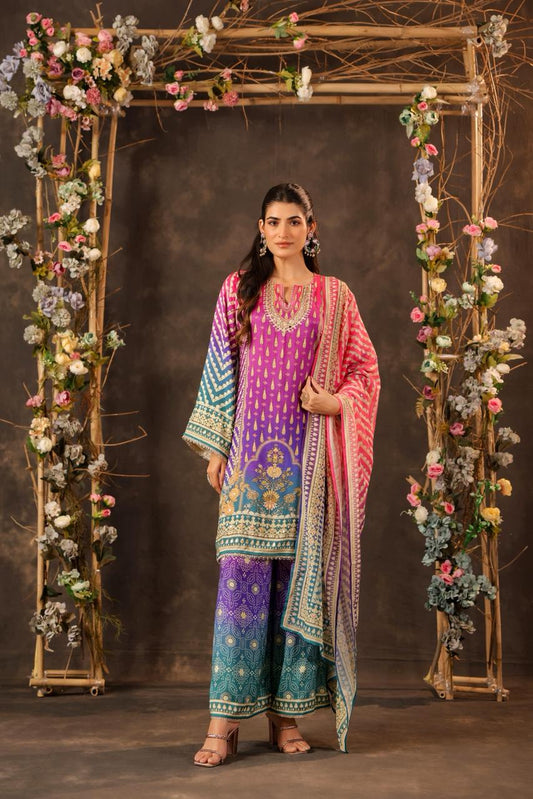 Pure Muslin with lining designer three piece set (B234)