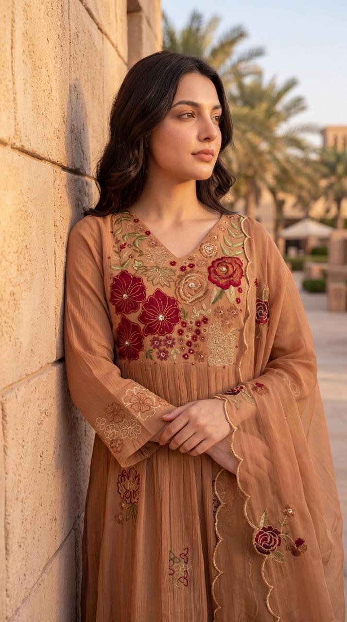 Crush cotton with lining and full embroidery with organza dupatta three piece set (B782)