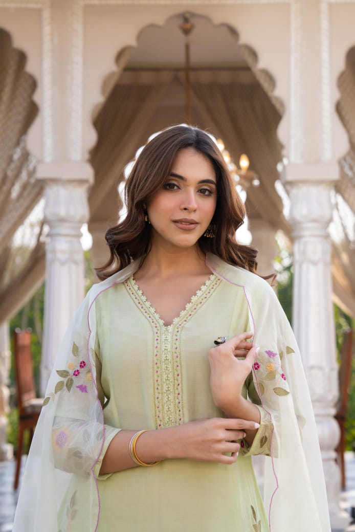 Light green mul chanderi with full thread work three piece set (P2034)
