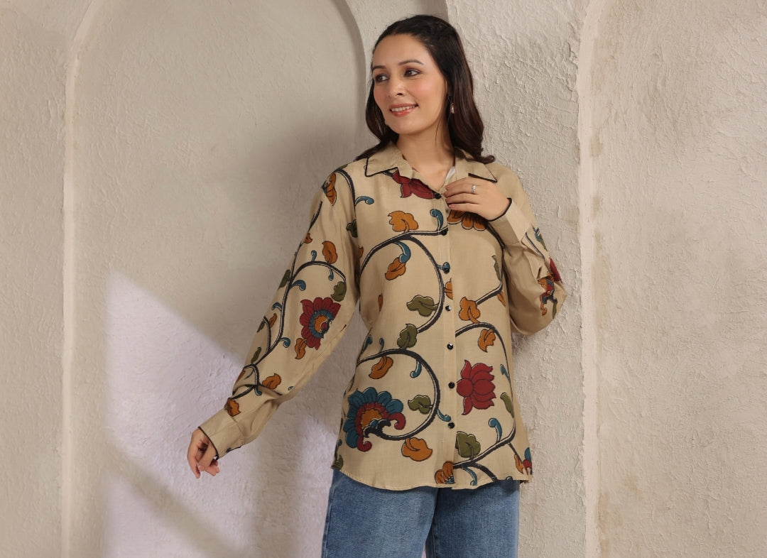 Ivory kalamkari shirt low high pattern (A961)