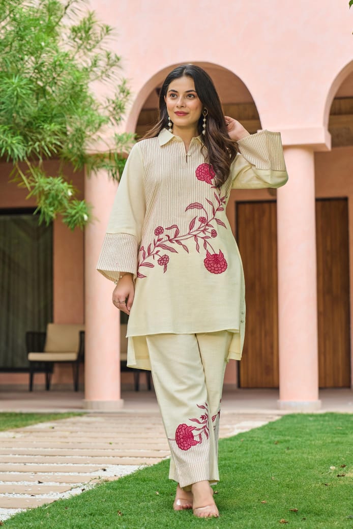 Off white with lining full thread work smart two piece cordset (A401)