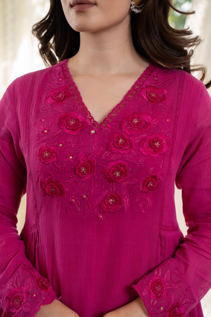 Bright pink crush cotton full thread work three piece set (P2046)