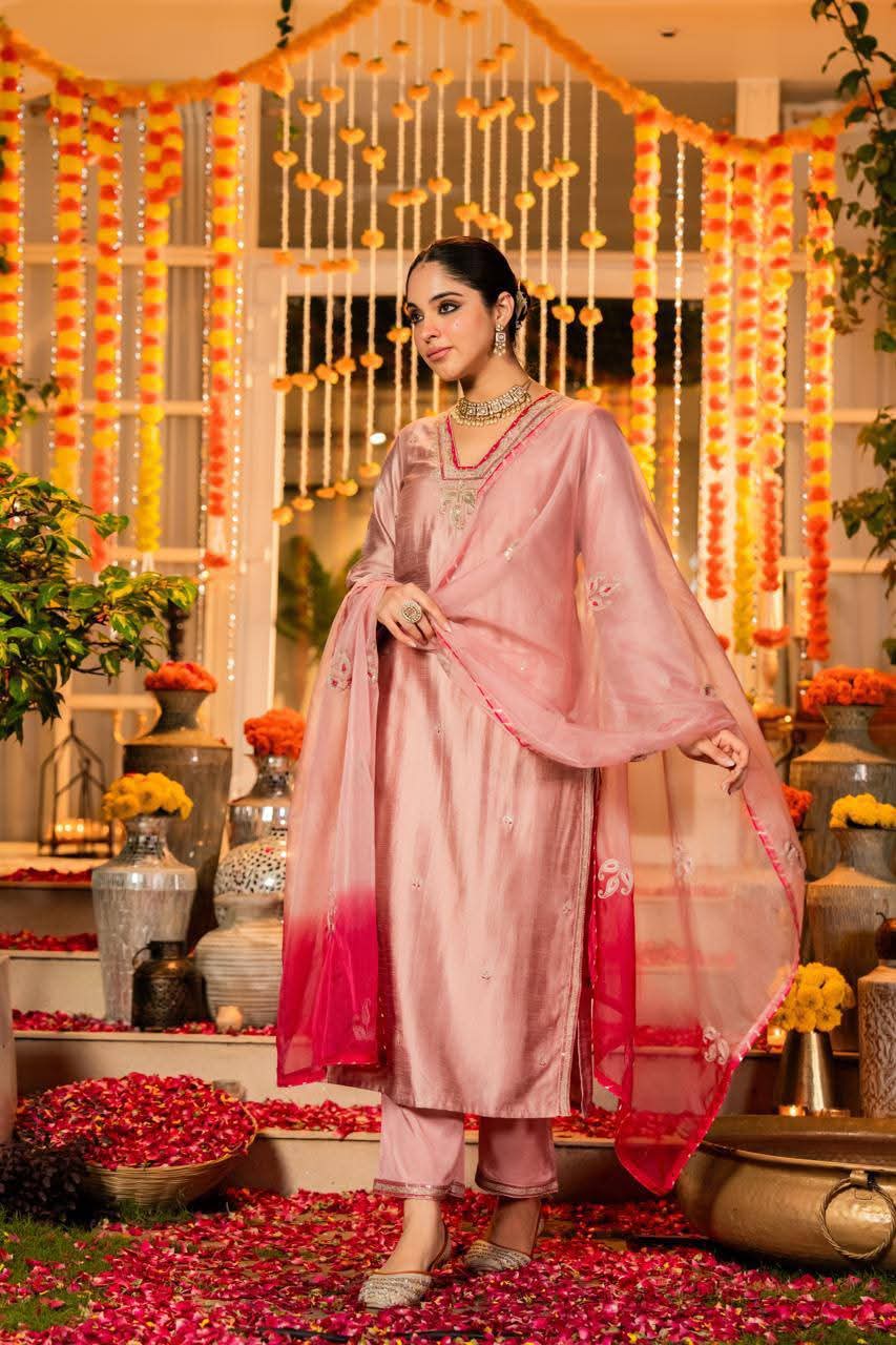 Pink pure dola silk three piece set (A1096)