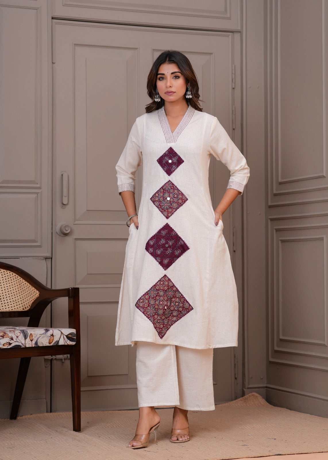 Off white with applique work two piece cordset (P2082)