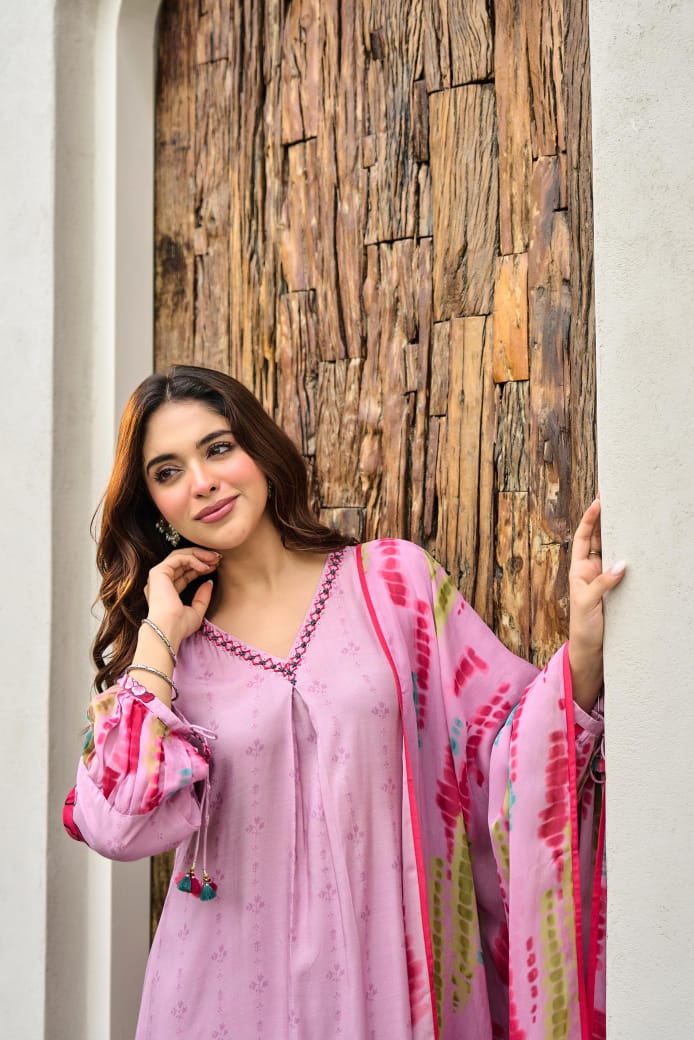 Purple pure mul silk with oraganza dupatta designer three piece set (A487)