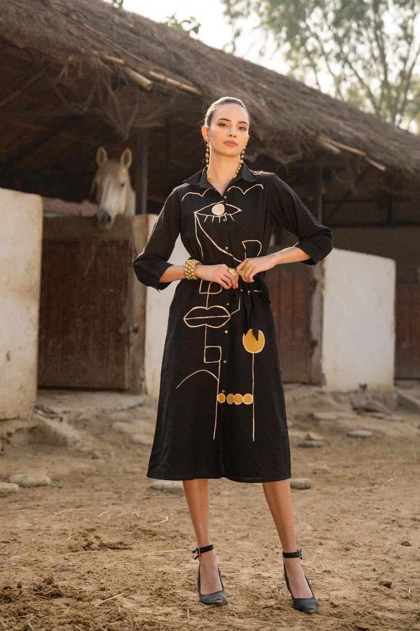 Black pure cotton smart one piece dress (P2100)
