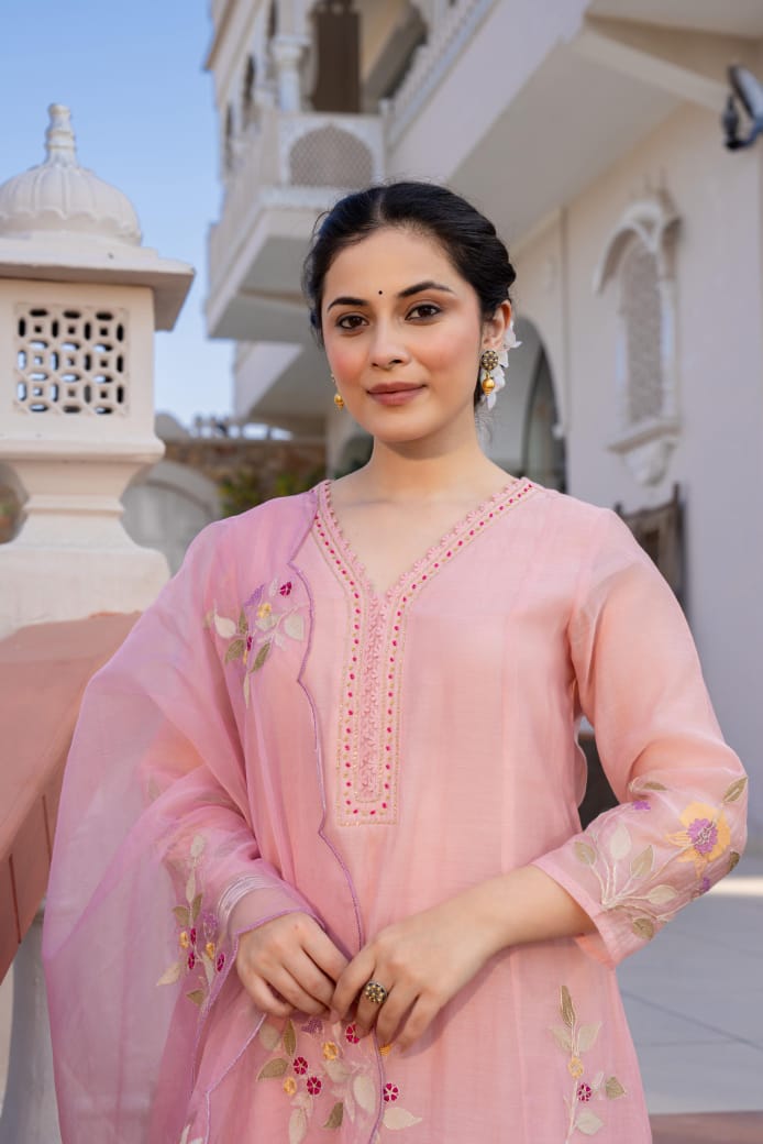 Pink mul chanderi with full thread work three piece set (P2033)
