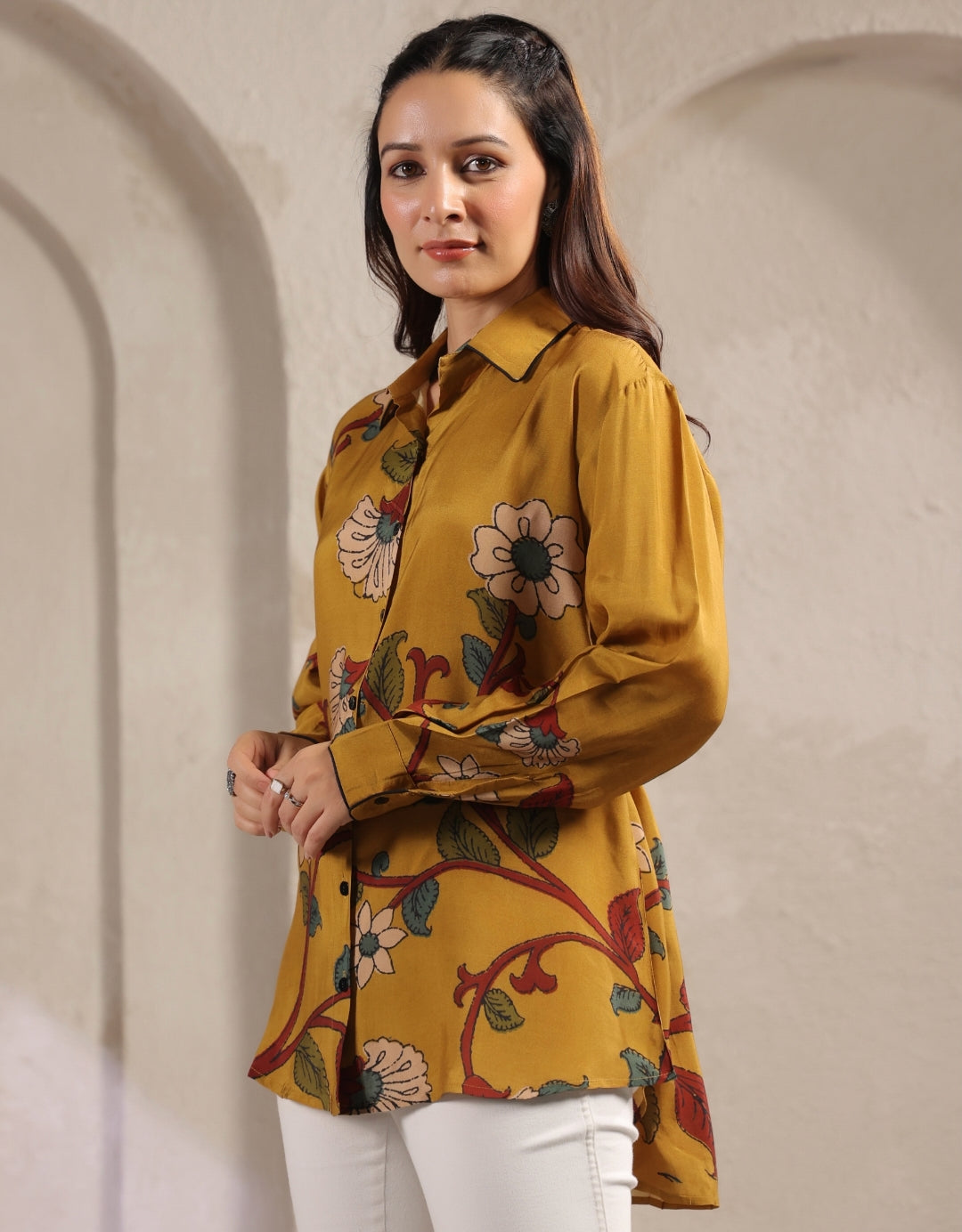 Mustred kalamkari shirt low high pattern (A960)