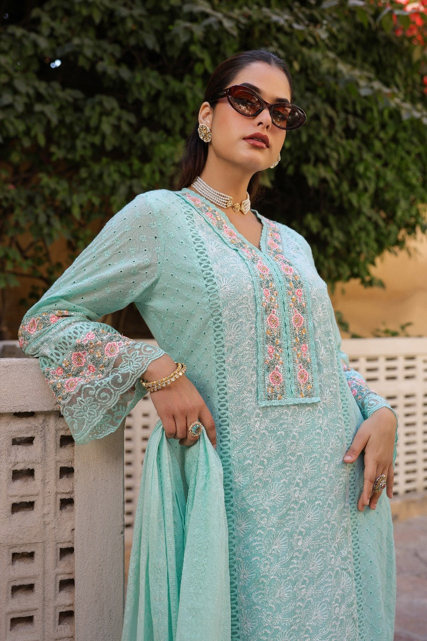 Light sea green pakistani pattern three piece set (P1958)