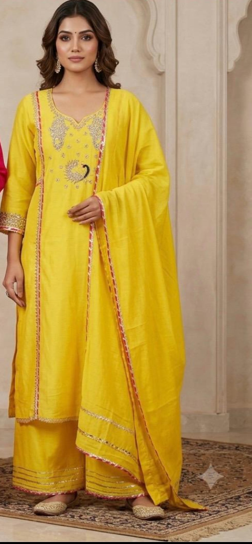Pure mul chanderi with hand work three piece set (C640)