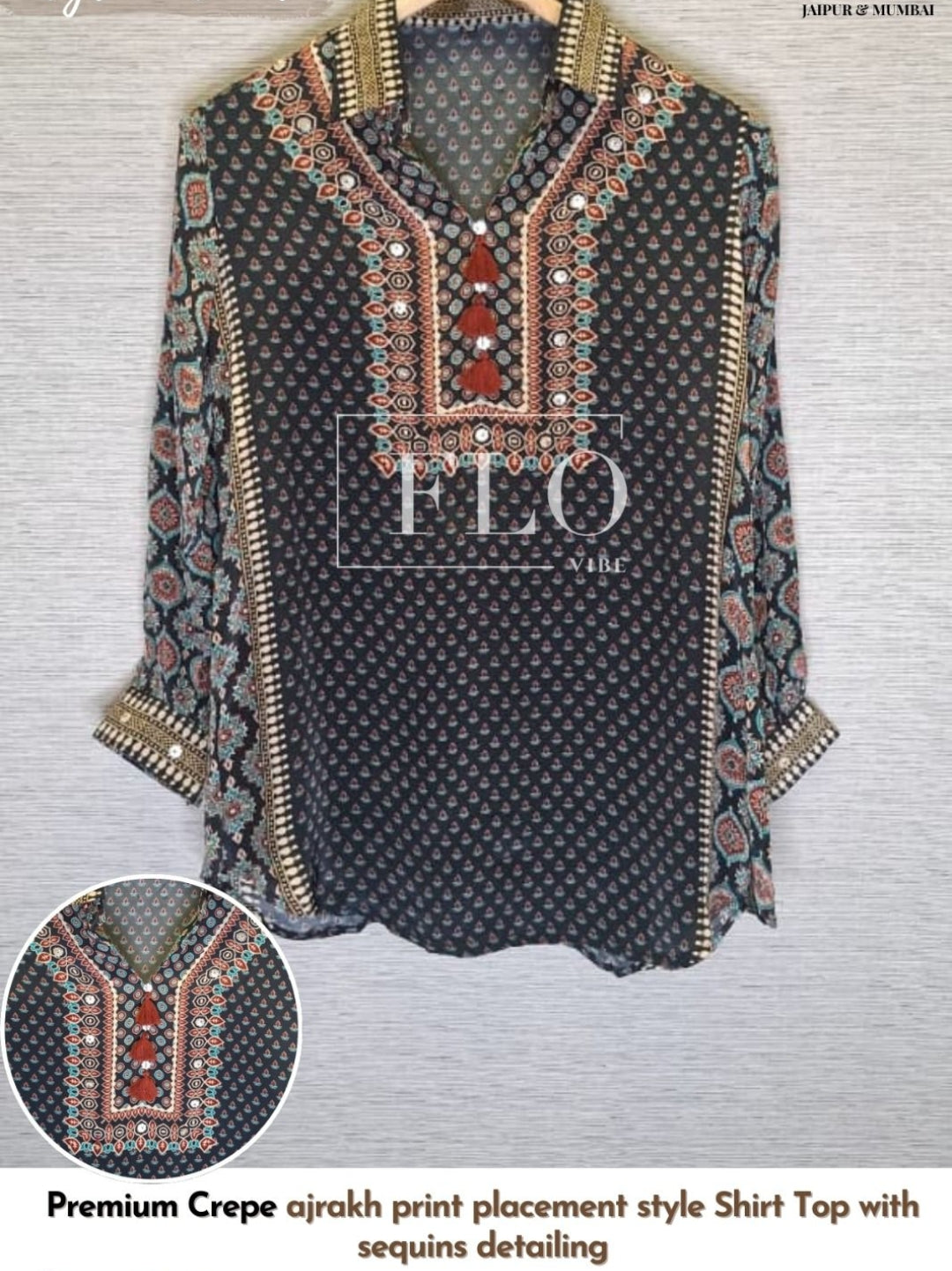 Pure crape silk ajrakh shirt (A925)